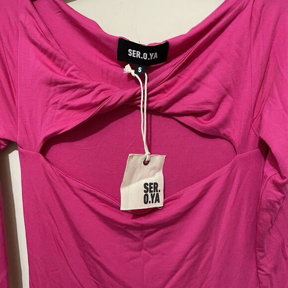 SER.O.YA Hot Pink Irene Dress Long Sleeve Cut Out Midi Length Size Small NWT - Picture 2 of 5